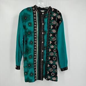 Ali Miles Size 12 Art Deco Teal Black Top Abstract Retro Eclectic Festival Boho